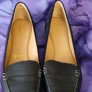 Trotters Black Leather Loafers with Silver Detail